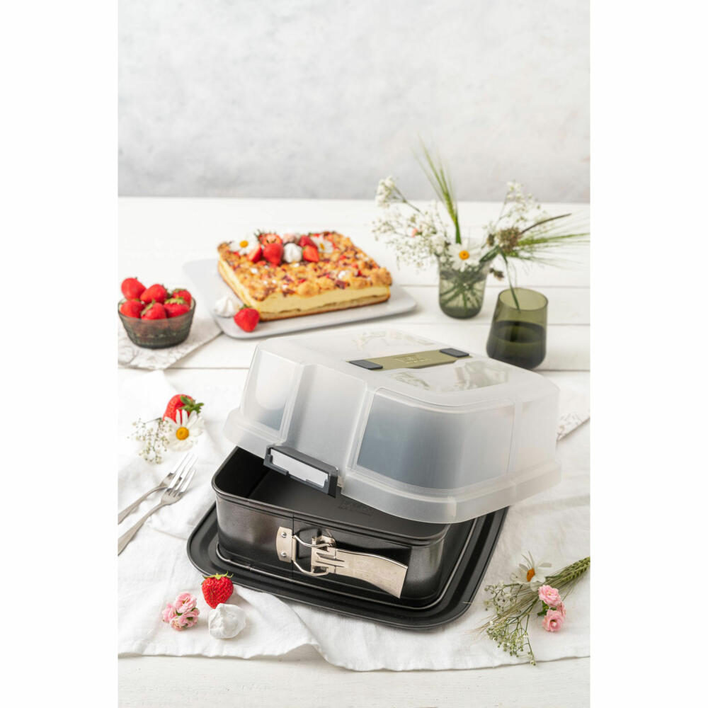 Zenker Springform Bake, Click & Go quadratisch mit Transporthaube, Backform, Kuchenform, Stahlblech, Schwarz, Sparkling Green, Transparent, 24 x 24 cm, 7904