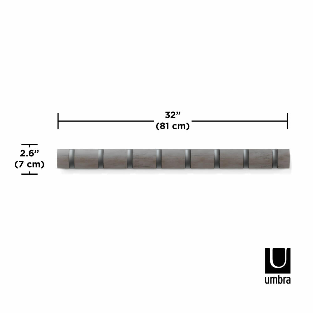 Umbra Wandgarderobe Flip mit 8 Haken, Garderobenleiste, Pappelholz, Kunststoff, Grau, Zinnfarben, 81 cm, 318858-1045