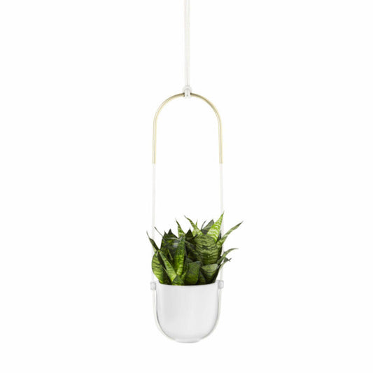 Umbra Bolo Blumenampel, Hängetopf, Hängeblumentopf, Pflanztopf, Keramik/ Messing, Weiß, 62 cm, 1009571-660