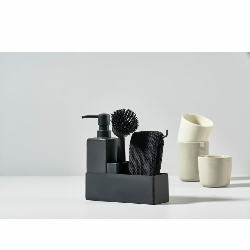 Zone Denmark dishwashing set, 4-piece, with cleaning cloth, soap dispenser, dish brush, silicone / ceramic, black, 330413