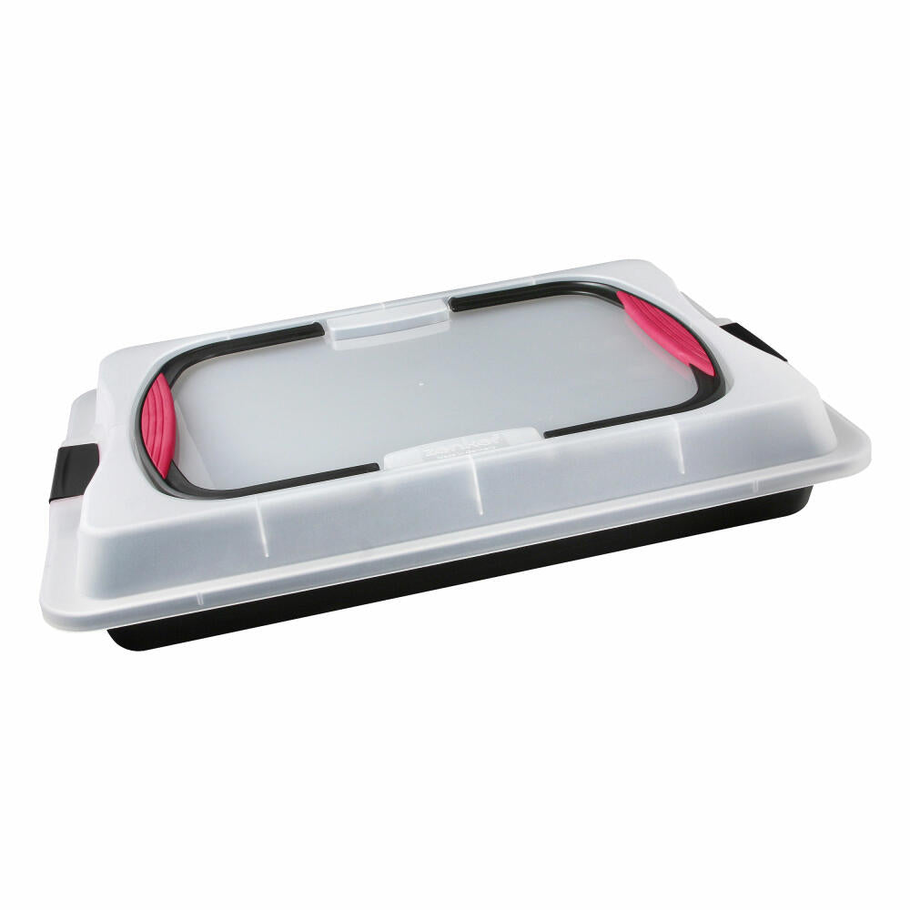 Zenker Special To Go Blechkuchen-Container mit Softgriffen, Kuchen Backblech, Backform, Kuchenform, PP / Antihaft Classic, Transparent / Schwarz, L 42 cm, 7903