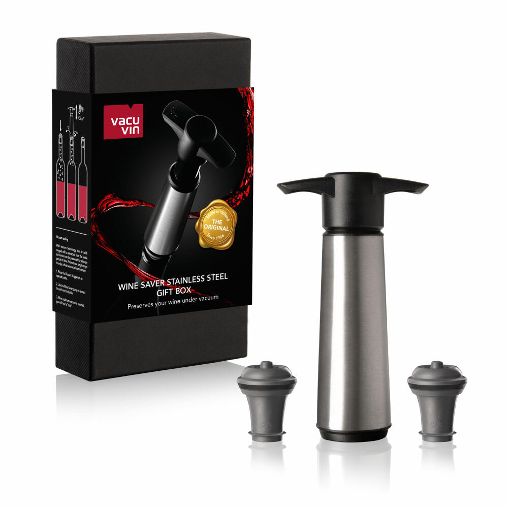 Vacu Vin wine pump luxury gift edition, with 2 stoppers, vacuum pump, stainless steel, silver, 06492616