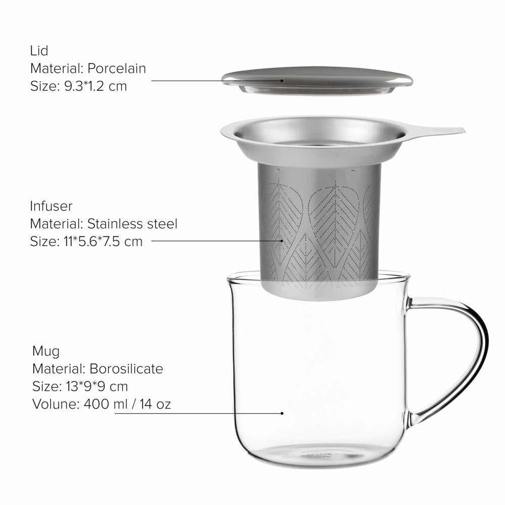 VIVA Minima glass cup Eva, with tea strainer and lid, cup, tea cup, borosilicate glass, grey, 400 ml, V82748