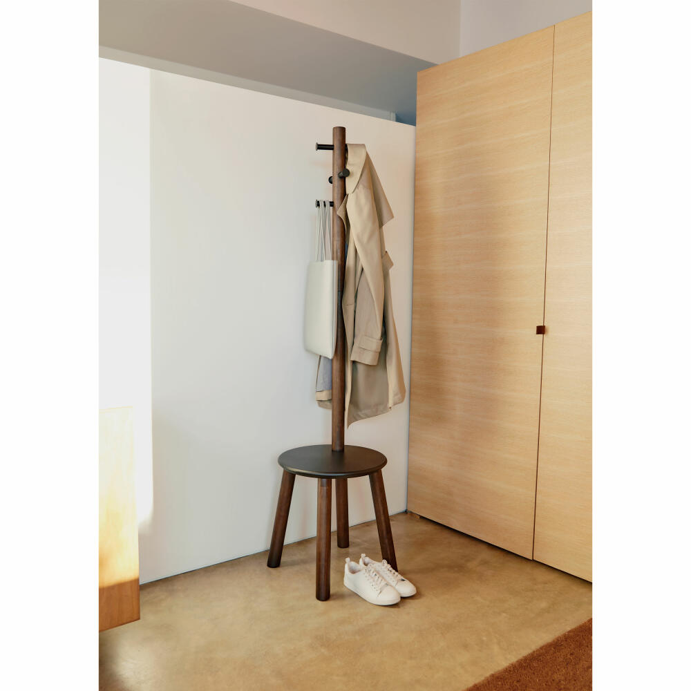 Umbra Garderobenständer Pillar mit Hocker, Standgarderobe, Sitzhocker, Gummibaumholz, MDF, Schwarz, Walnuss, 50 x 167 cm, 1014257-048