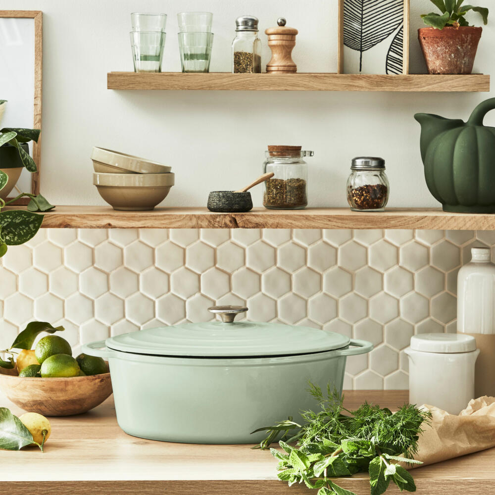 Tefal Lov Ovaler Bräter, Schmortopf, Kochtopf, Induktionsgeeignet, Gusseisen, Hellgrün, 34 cm, E25806