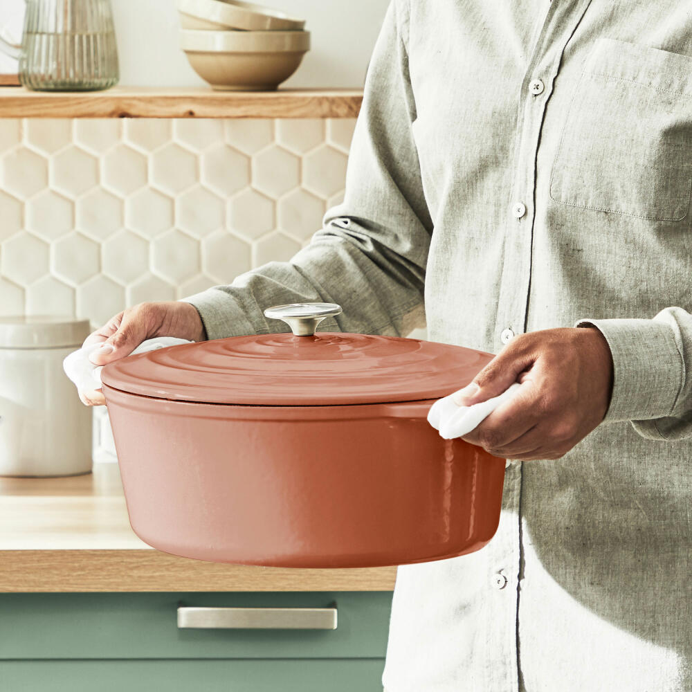 Tefal Lov Oval Roasting Pan, Stew Pot, Cooking Pot, Induction Suitable, Cast Iron, Terracotta Orange, 34 cm, E26006