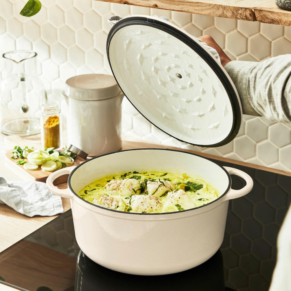 Tefal Lov Kochtopf, Gusseisentopf, Topf, Schmortopf, Induktionsgeeignet, Gusseisen, Beige, Ø 25 cm, E25904