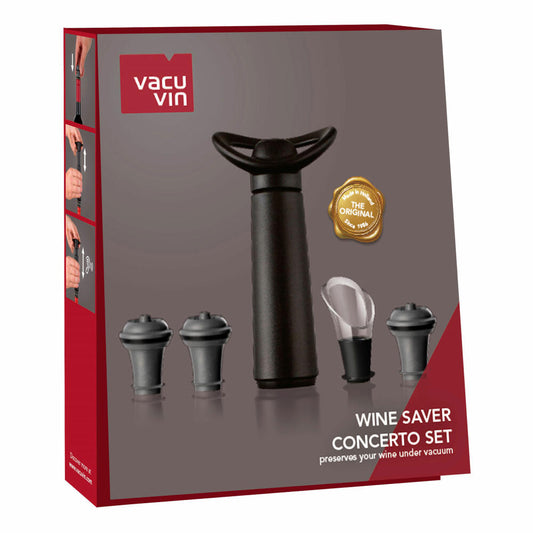 Vacu Vin Weinpumpe Concerto mit 3 Stopfen und Ausgießer, Wine Saver, Vakuumpumpe, Kunststoff, Edelstahl, Schwarz, Grau, 09876606