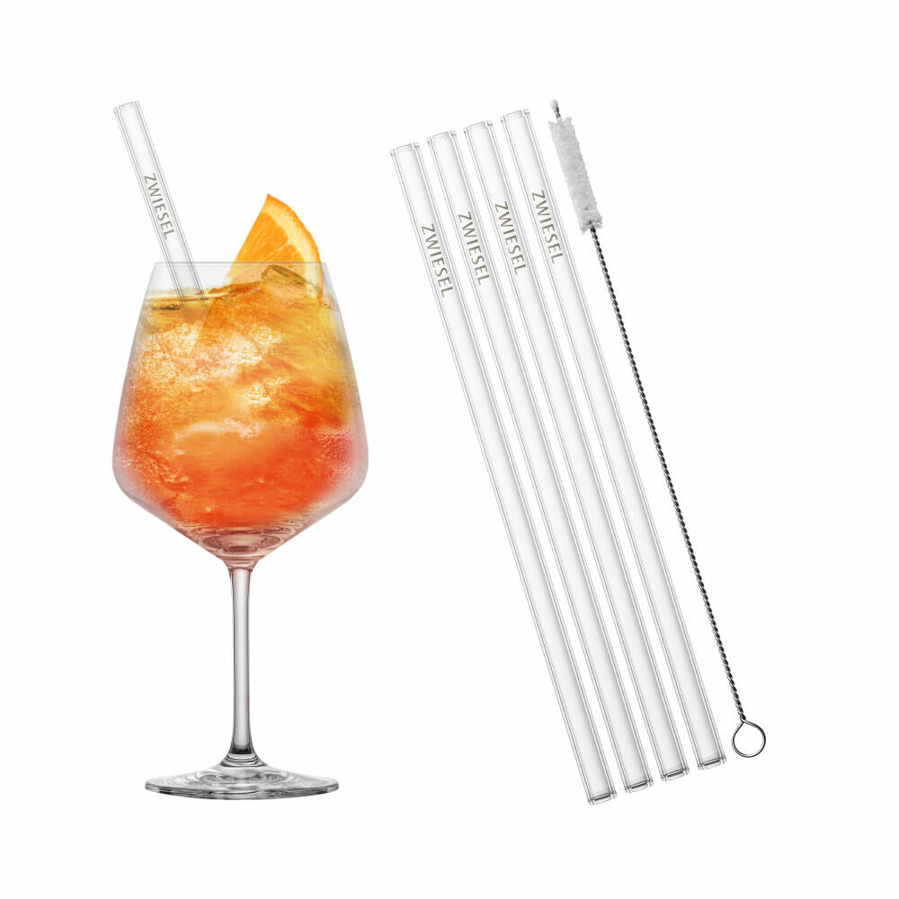 Schott Zwiesel Drinks Set After Work 9-piece, 4 glasses with glass drinking straws and brush, glass, 130014