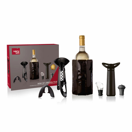 Vacu Vin Gift Set Wine Original Plus 6-piece, cooler, bottle opener, foil cutter, pourer, wine pump, closure, plastic, stainless steel, black, gray, 3890360