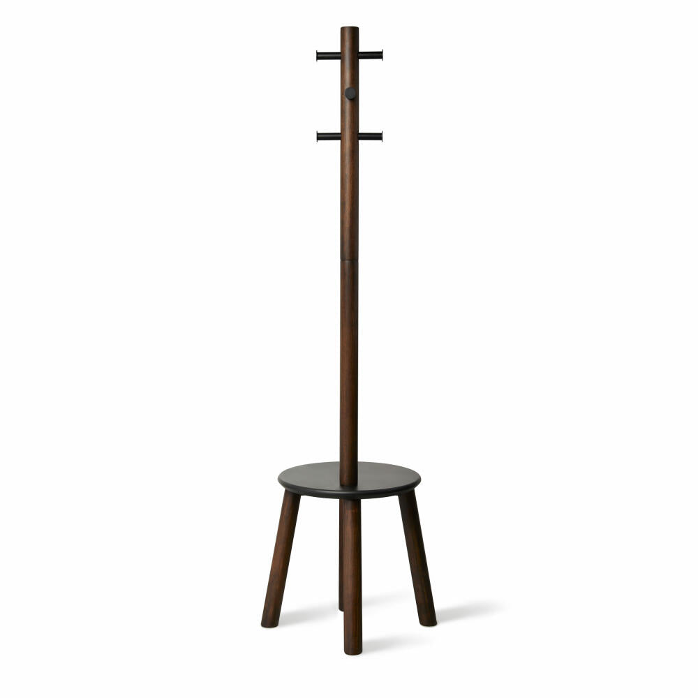 Umbra Garderobenständer Pillar mit Hocker, Standgarderobe, Sitzhocker, Gummibaumholz, MDF, Schwarz, Walnuss, 50 x 167 cm, 1014257-048