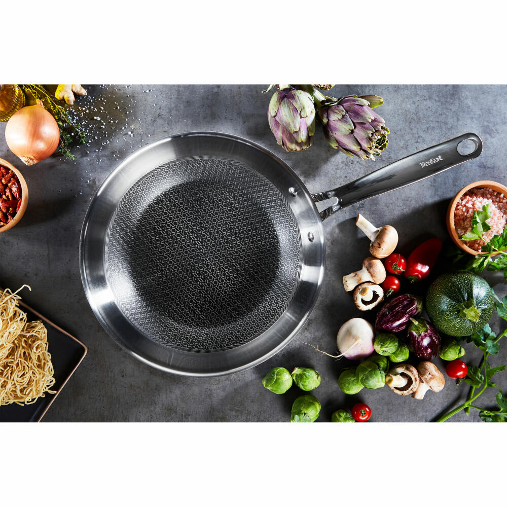 Tefal Eternal Mesh Wok Pan, with Lid, Wok Pan, Induction-Suitable, Stainless Steel, Ø 28 cm, E49716