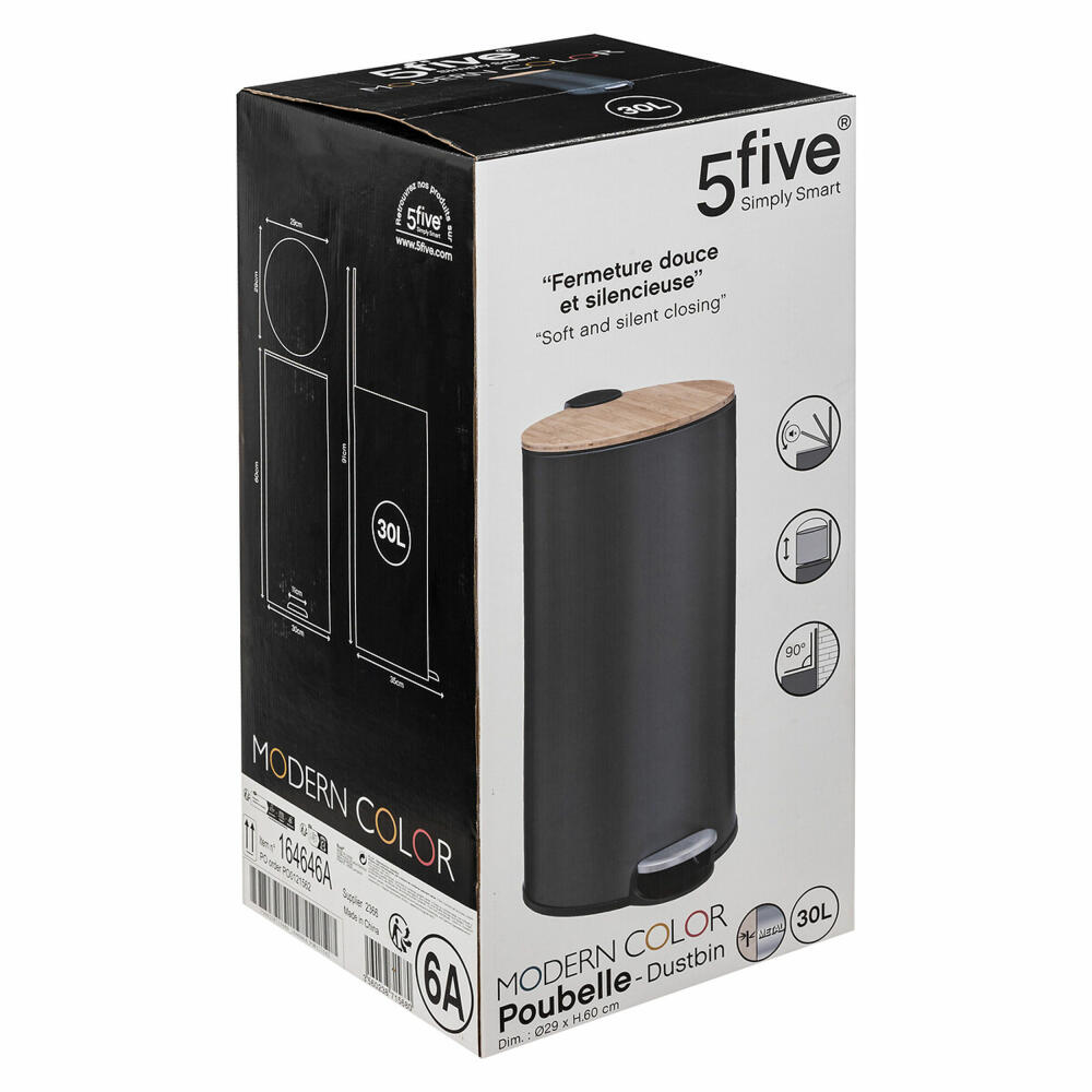 5five Simply Smart Waste Bin Modern Color, Steel, Bamboo, Plastic, Black, 30 Liters, 164646A