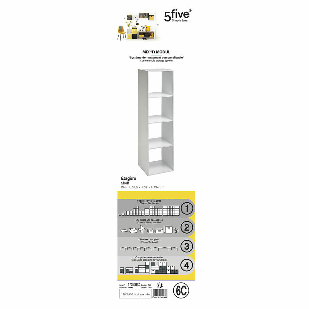 5five Simply Smart Regal Mix N Modul 4x1, Holzspahn, Weiß, 134 x 34.5 cm, 173686C