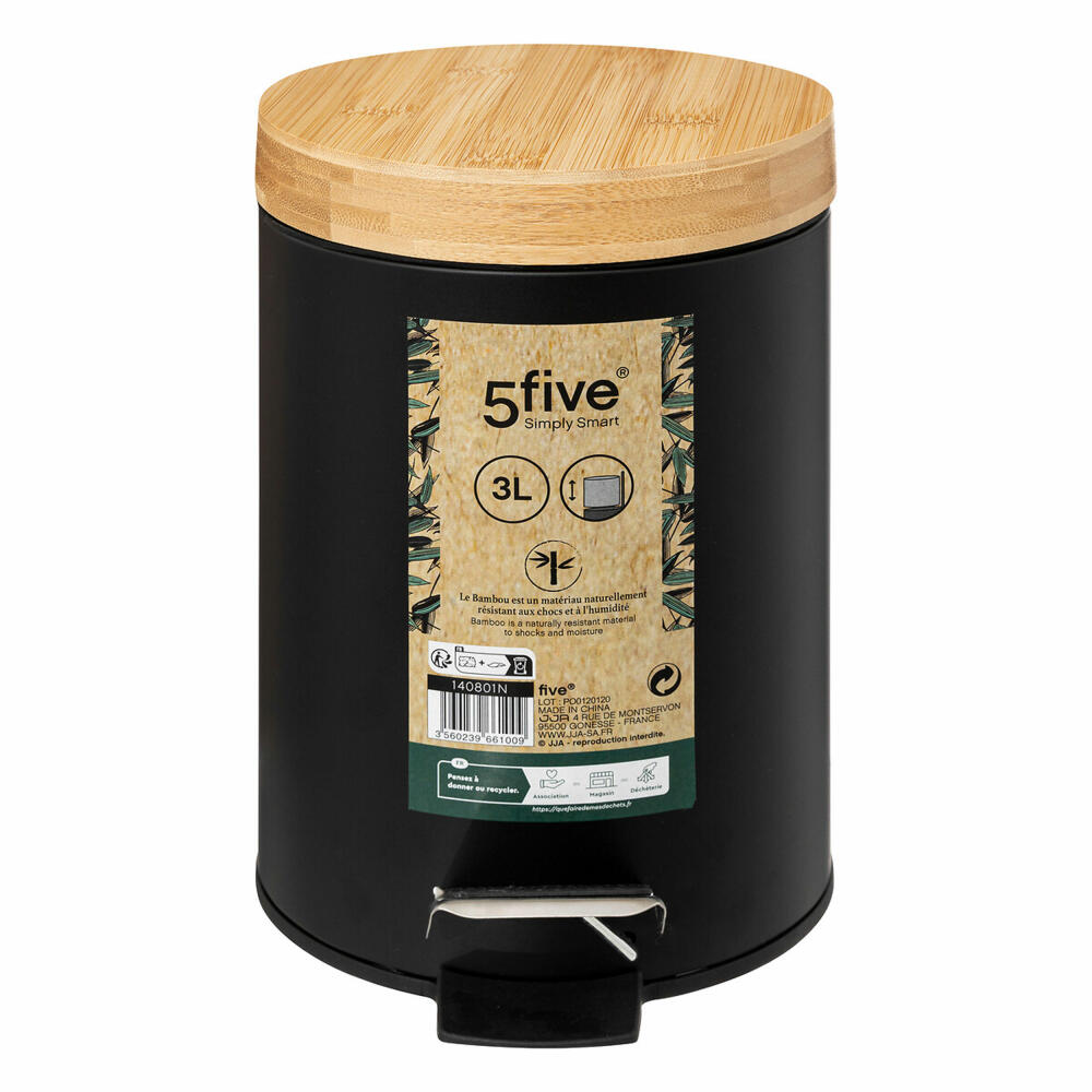 5five Simply Smart Waste Bin Natureo, Cosmetic Bin, Metal, Bamboo, Plastic, Black, 3 Liters, 140801N