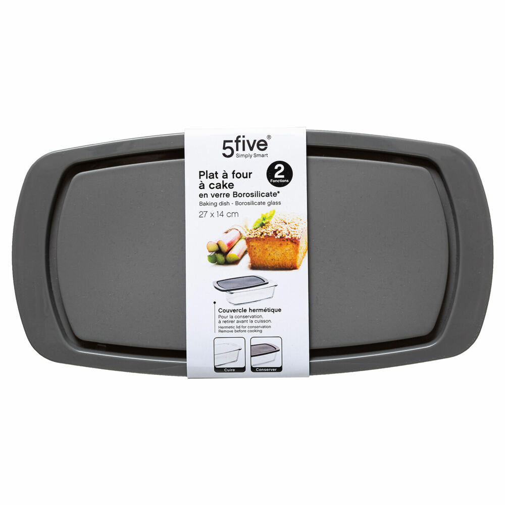 5five Simply Smart Baking Pan KeepEat with Lid, Oven Dish, Borosilicate Glass, PP Plastic, Transparent, Grey, 27 x 14 cm, 151117