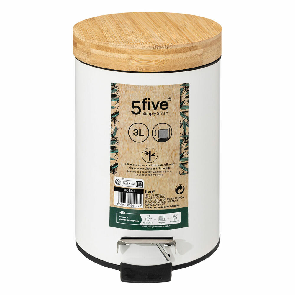 5five Simply Smart Waste Bin Natureo, Cosmetic Bin, Metal, Bamboo, Plastic, White, 3 Liters, 140801