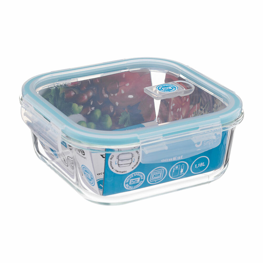 5five Simply Smart Vorratsdose Clipeat quadratisch, Lunchbox, Borosilikatglas, Transparent, Blau, 1.18 Liter, 146656