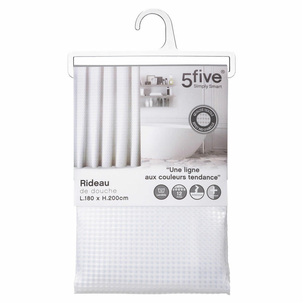 5five Simply Smart Shower Curtain Modern Color, Polyester, Plastic, Rubber, White, 180 x 200 cm, 138055I