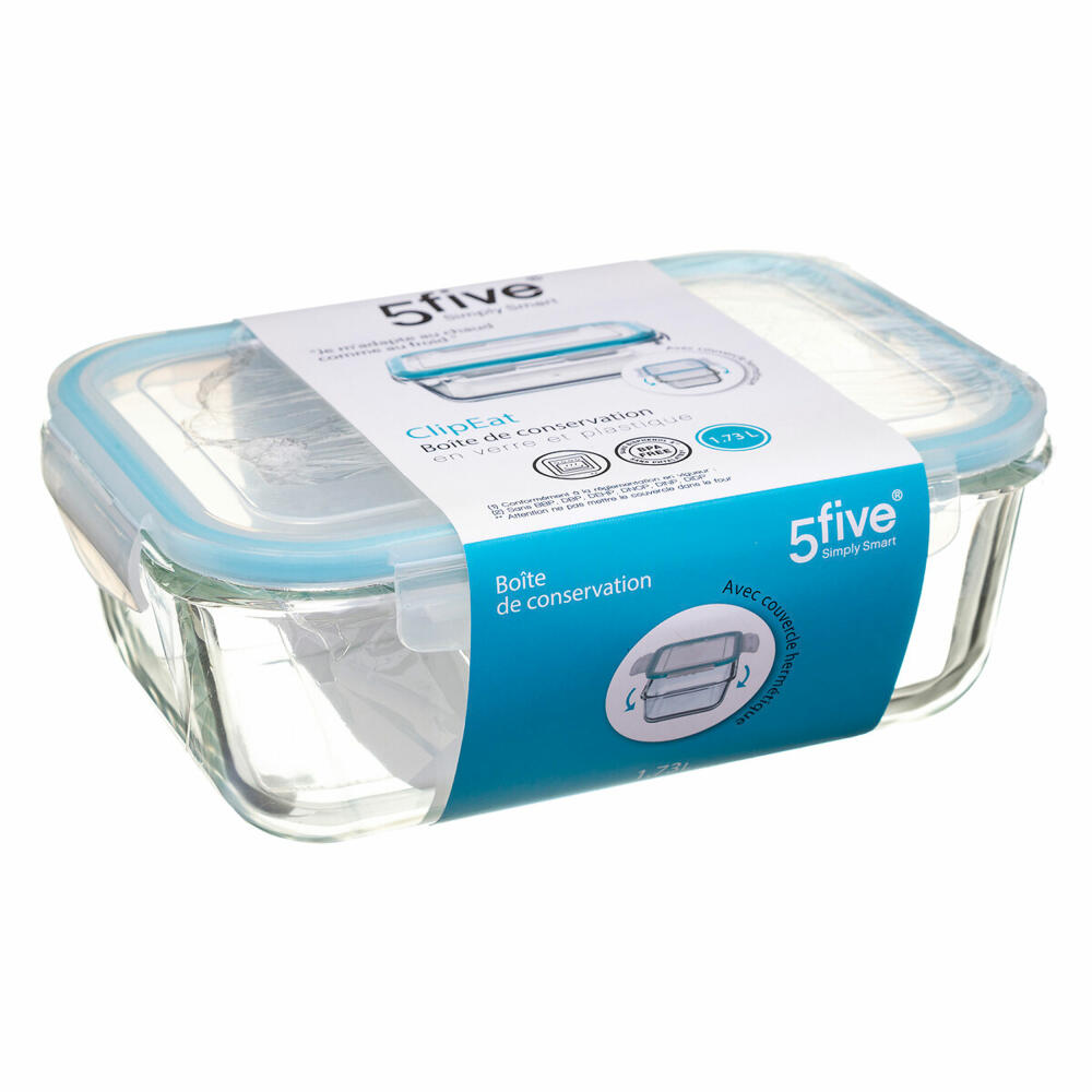 5five Simply Smart Vorratsdose Clipeat, Lunchbox, Borosilikatglas, Transparent, Blau, 1.73 Liter, 135006