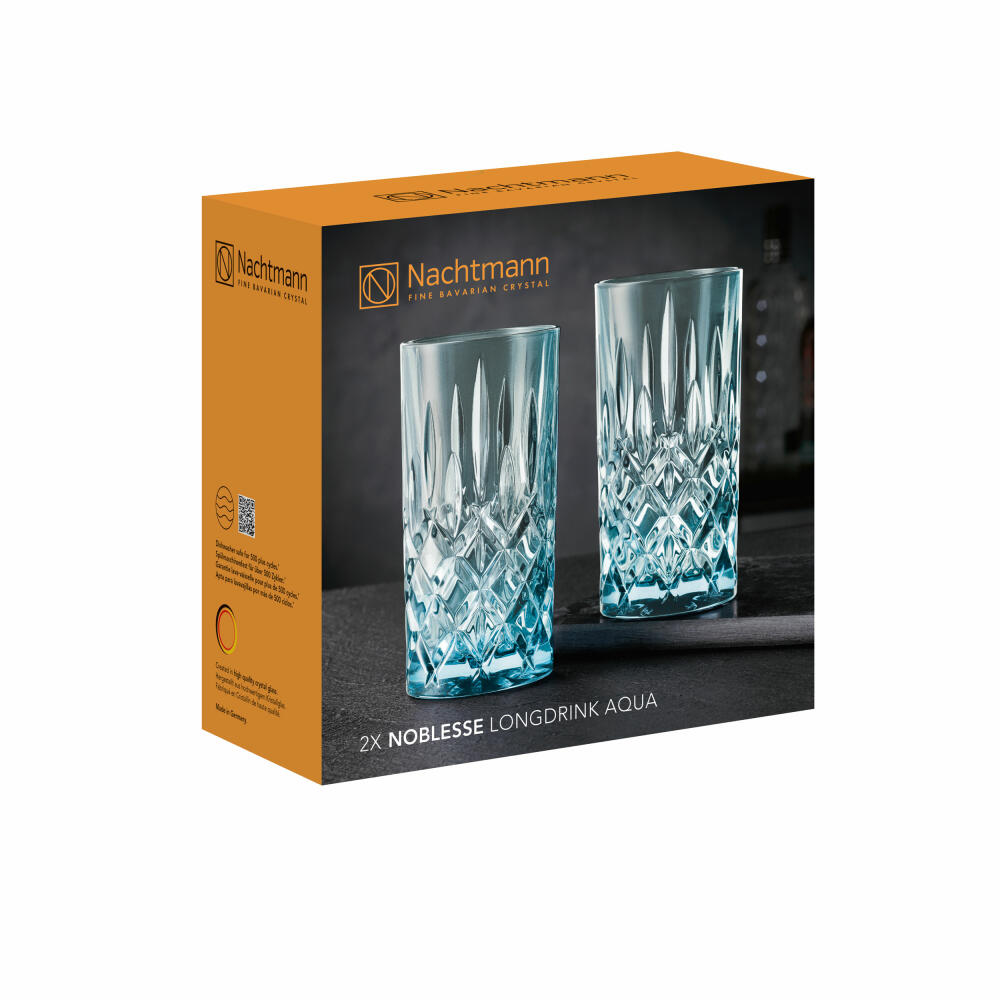 Nachtmann Noblesse long drink glass, set of 2, water glass, long drink glass, crystal glass, aqua, 395 ml, 105710