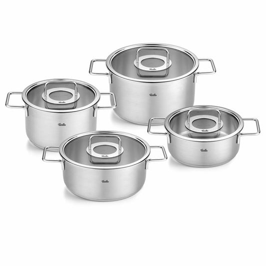 Fissler Pure 4-piece pot set with glass lids, 2 cooking pots + 2 frying pans, stainless steel, silver, 086-125-04-000