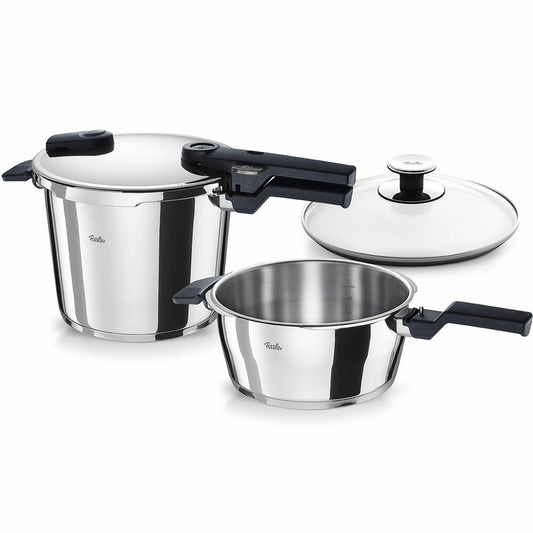 Fissler pressure cooker set Vitaquick 2-piece with glass lid, pressure cookers 6 L + 3.5 L, stainless steel 18/10, silver, 6 + 3.5 L, 600-410-13-080