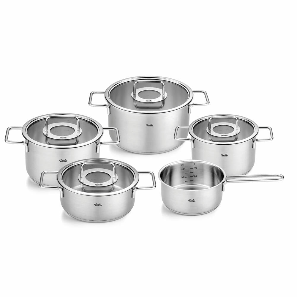 Fissler Pure 5-piece pot set with glass lids, 3 cooking pots + stewing pot + saucepan, stainless steel, silver, 086-115-05-000