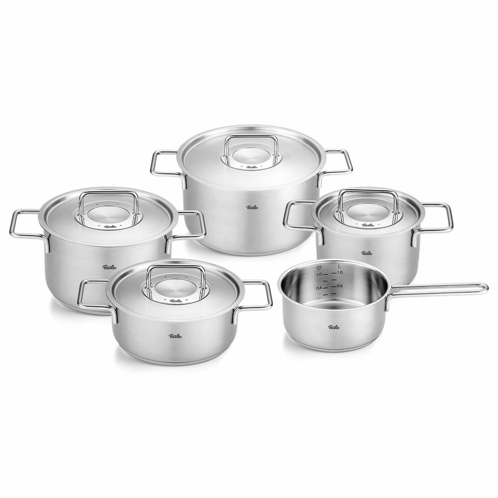 Fissler Pure 5-piece pot set with metal lids, 3 cooking pots + stewing pot + saucepan, stainless steel, silver, 086-114-05-000