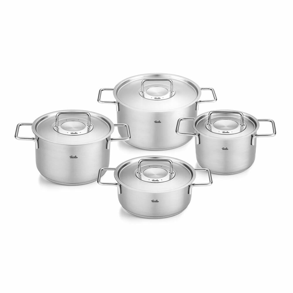 Fissler Pure 4-piece pot set with metal lids, 3 cooking pots + frying pan, stainless steel, silver, 086-114-04-000