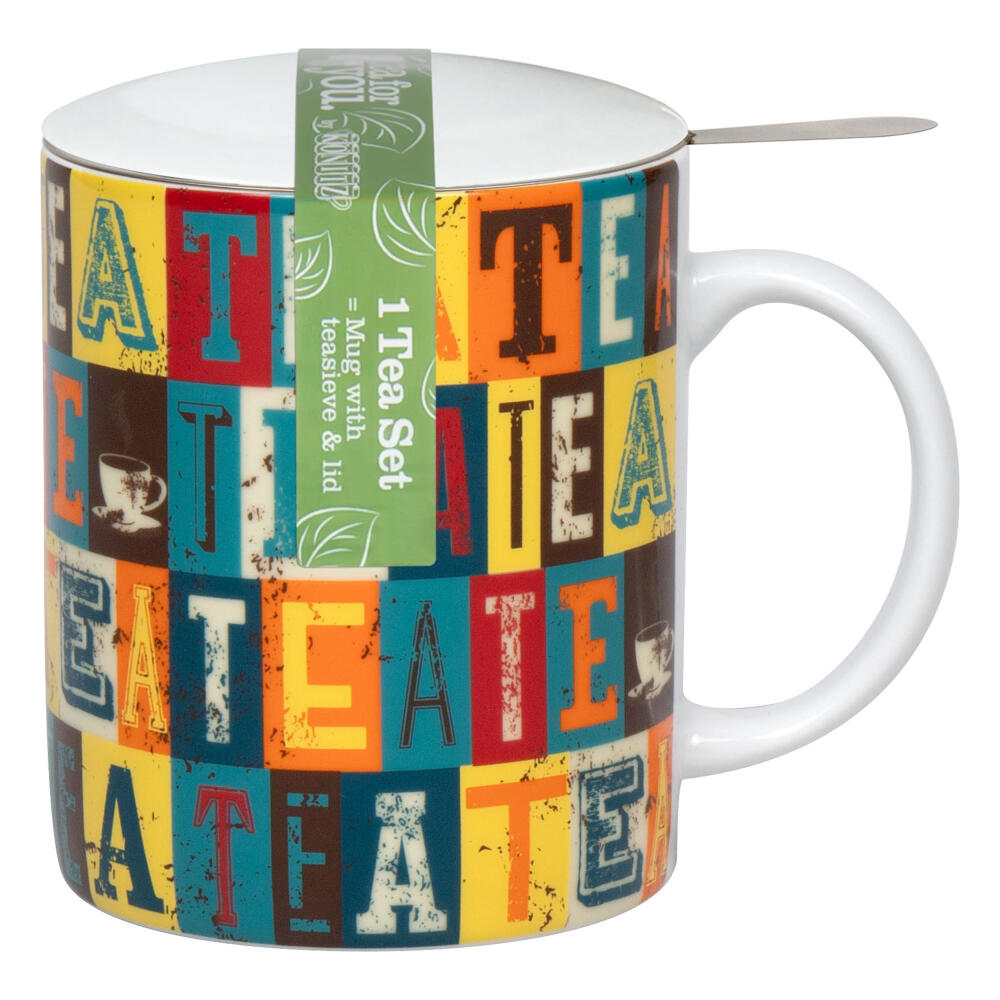 Könitz Becher mit Sieb und Deckel Tea Squares, Tasse, Kaffeetassen, Porzellan, Bunt, 300 ml, 1150022834