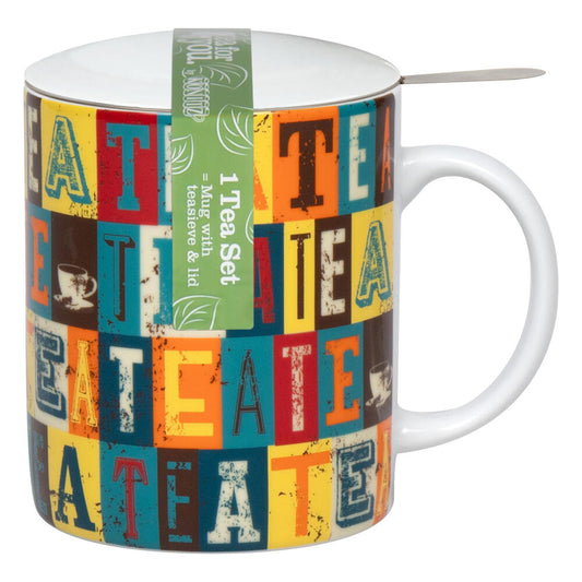 Könitz Becher mit Sieb und Deckel Tea Squares, Tasse, Kaffeetassen, Porzellan, Bunt, 300 ml, 1150022834