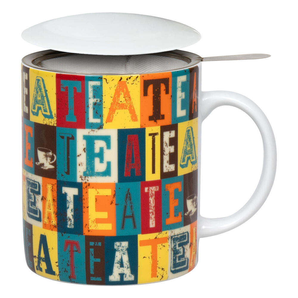 Könitz Becher mit Sieb und Deckel Tea Squares, Tasse, Kaffeetassen, Porzellan, Bunt, 300 ml, 1150022834