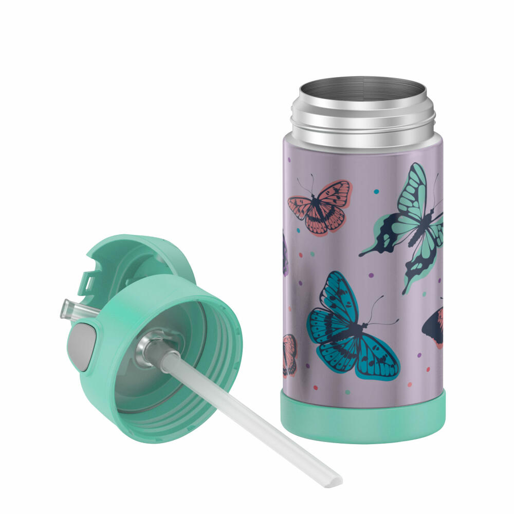 THERMOS kids insulated drinking bottle FUNTAINER STRAW BOTTLE, thermos bottle, bottle, stainless steel, butterflies, 350 ml, 4113401035