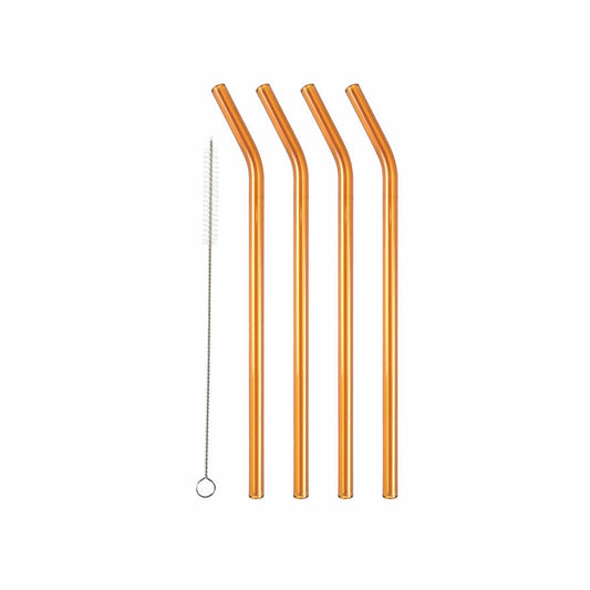 Lyngby Glass Drinking Straw Bent Amber Set of 4, Glass Straws, Glass, Brown, 21.5 cm, 32764