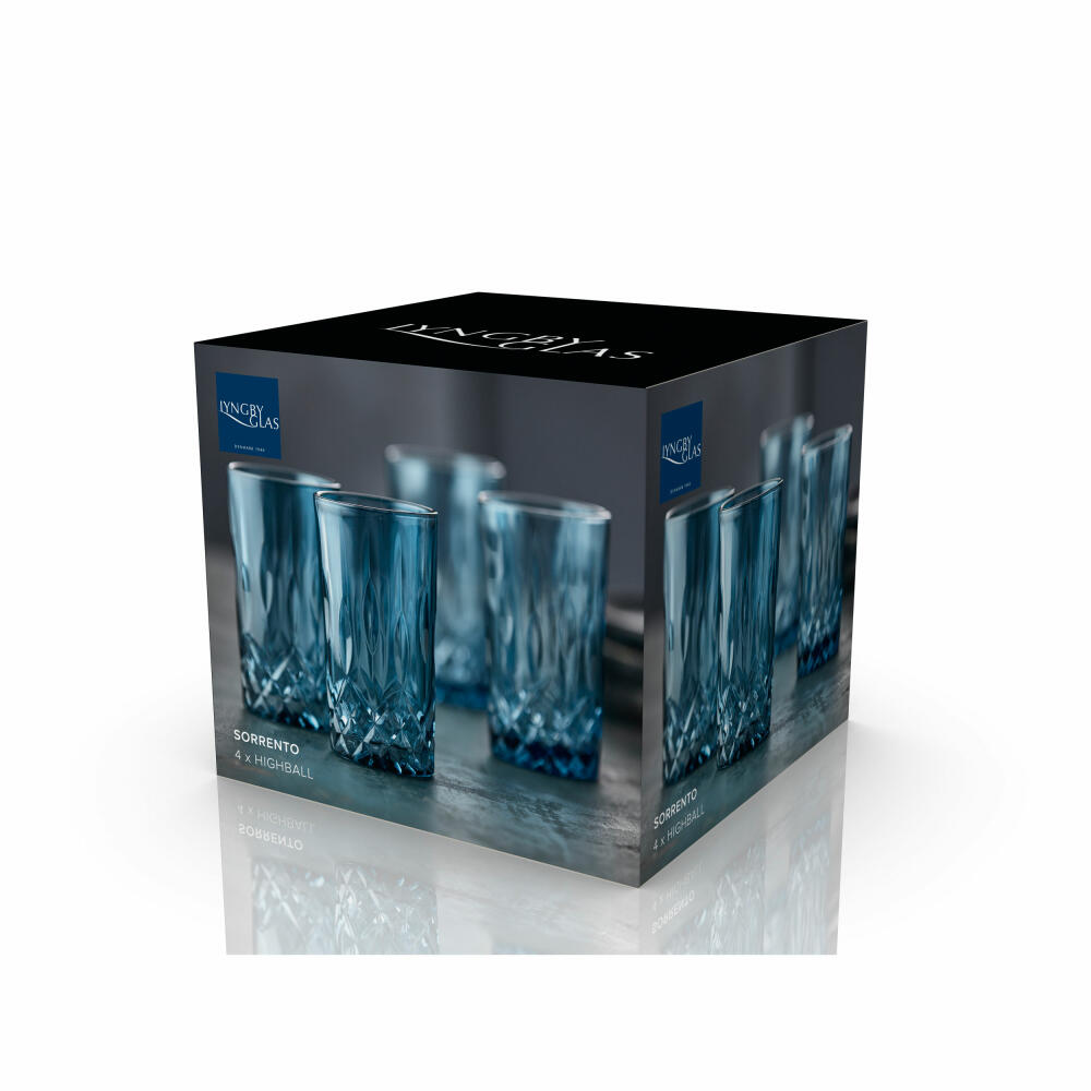 Lyngby Glas Highball Glass Sorrento Set of 4, Long Drink Glasses, Glass, Blue, 380 ml, 31482