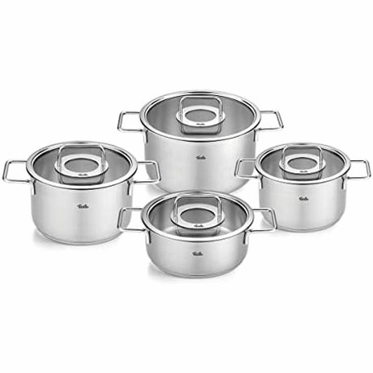 Fissler Pure 4-piece pot set with glass lids, 3 cooking pots + frying pan, stainless steel, silver, 086-115-04-000