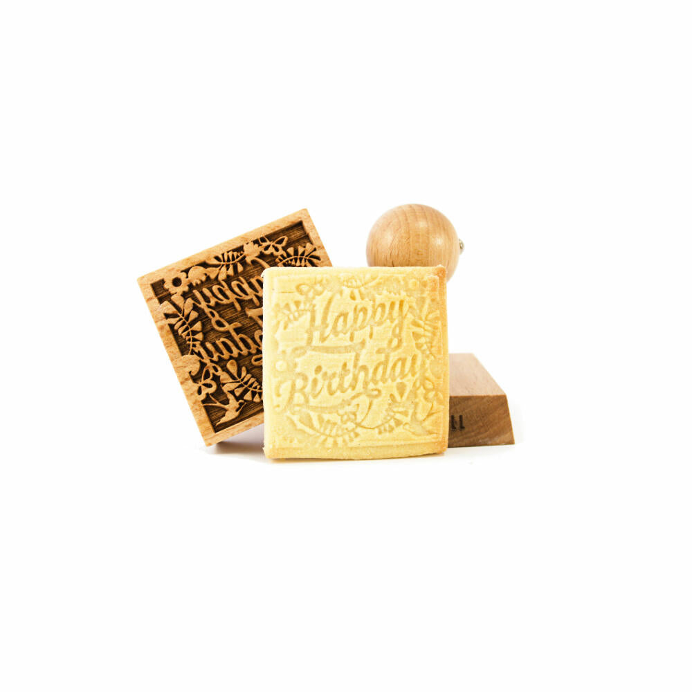 Folkroll Keksstempel Happy Birthday, 55x55 mm, Cookiestempel, Backstempel, Keks, Stempel, Motiv, Buchenholz, 334850