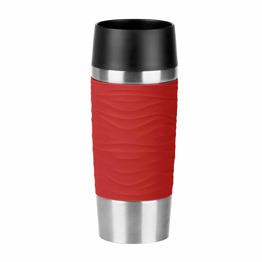 Emsa TRAVEL MUG Waves Isolierbecher Quick Press, Kaffeebecher, Mug, Coffee To Go Becher, Edelstahl/Silikon, Rot, 360 ml, N2011100