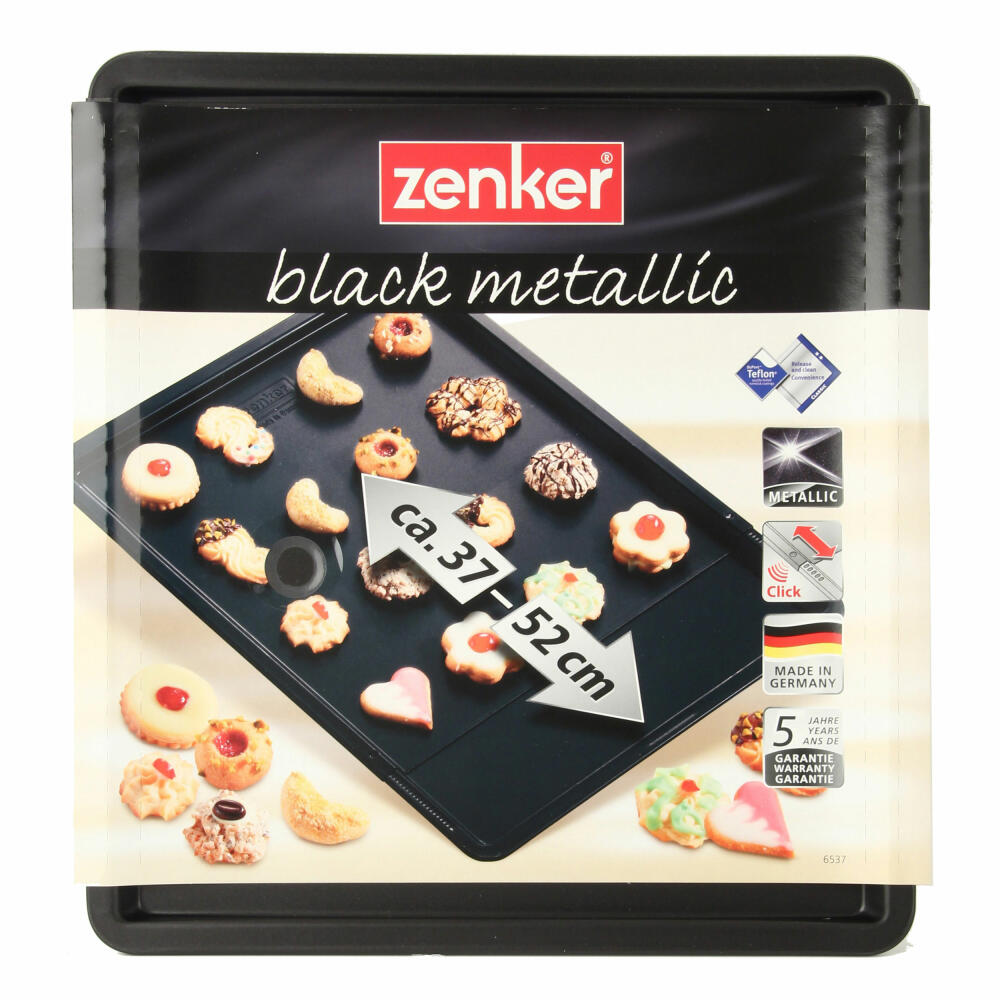 Zenker Black Metallic Plätzchenblech Ausziehbar, Plätzchen Blech, Backblech, Kuchenblech, Antihaft Classic, Schwarz, L 37-52 cm, 6537