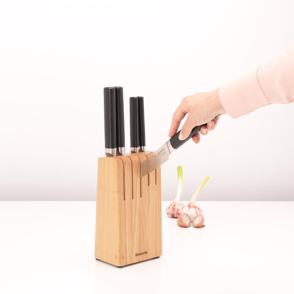 Brabantia Profile knife block with 5 knives, wood, matt steel, 260483