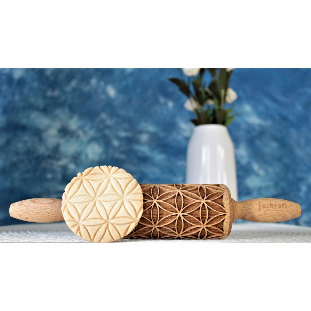 Folkroll rolling pin flower of life, junior, 23 cm, rolling pin, embossing roll, pattern, motif, roll, beech wood, 331613