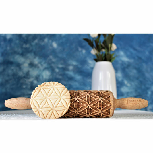 Folkroll rolling pin flower of life, junior, 23 cm, rolling pin, embossing roll, pattern, motif, roll, beech wood, 331613