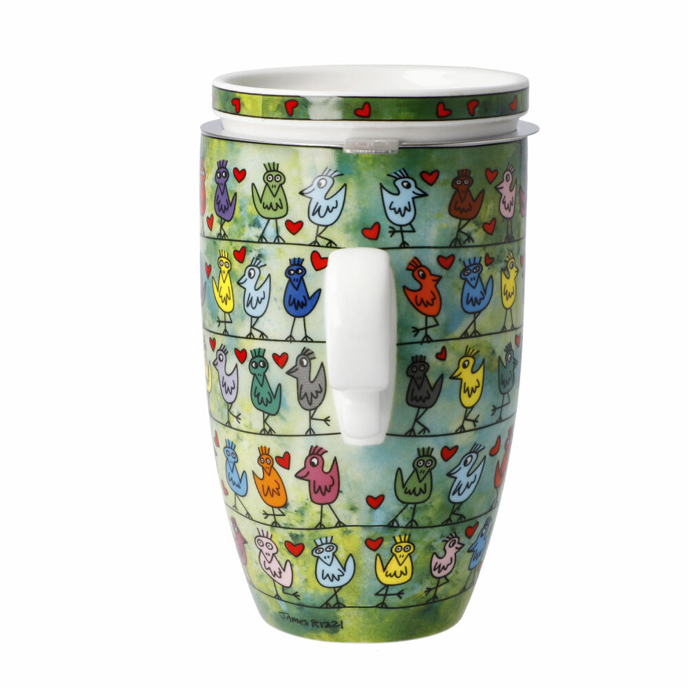 Goebel Teetasse mit Deckel und Sieb James Rizzi - Birds on a Love Wire, Pop Art, Fine Bone China, Bunt, 450 ml, 26103151