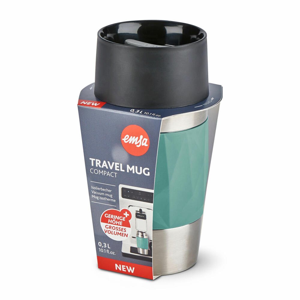 Emsa Isolierbecher Travel Mug Compact, Thermobecher, To-Go-Becher, Edelstahl, Petrol, 300 ml, N2160300