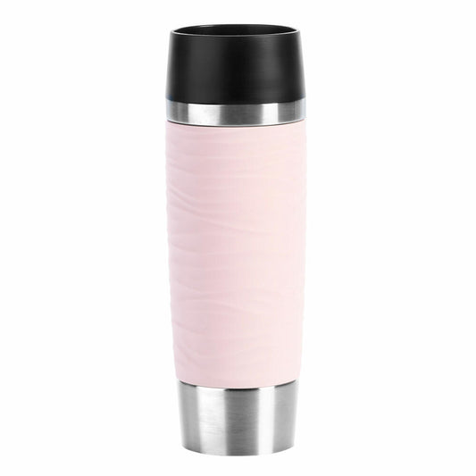 Emsa TRAVEL MUG WAVES GRANDE Isolierbecher Quick Press, Kaffeebecher, Mug, Coffee To Go Becher, Edelstahl/Silikon, Puder-Rosa, 0.5 L, N2012000