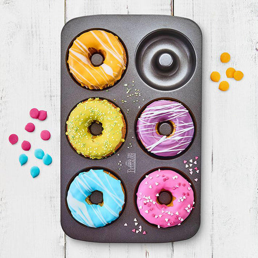 Birkmann Easy Baking Donut-Blech, Donut Backform, Backblech, Donutform, Schablone, für 6 Donuts je 9 cm, Schwarz, 881631