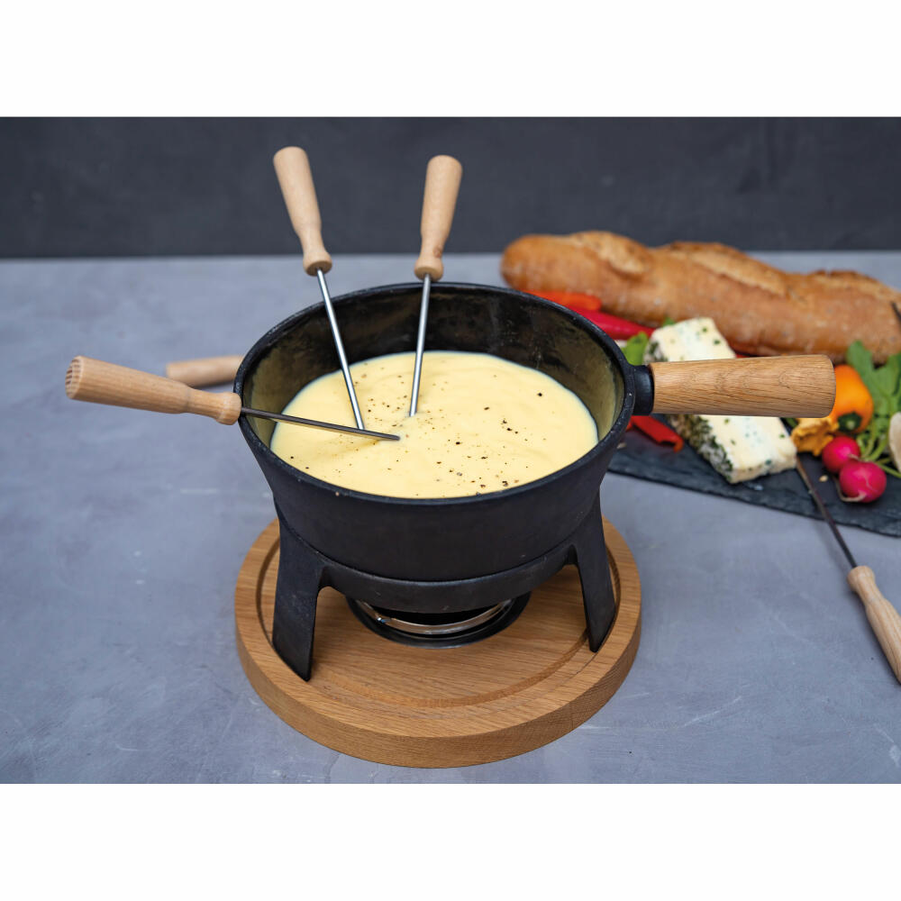 Boska Fondue Pro Set L, Käsefondue, Fondue-Set, Fonduetopf, Gusseisen, Eichenholz, Edelstahl, Schwarz, 1.5 L, 853551