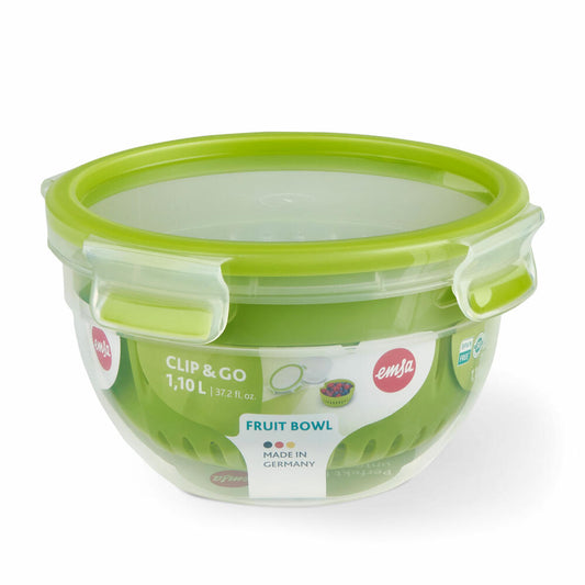 Emsa Frischhaltedose Clip & Go Fruit Bowl, Früchtedose mit Siebeinsatz, Kunststoff, Grün, 1.1 Liter, N1072200