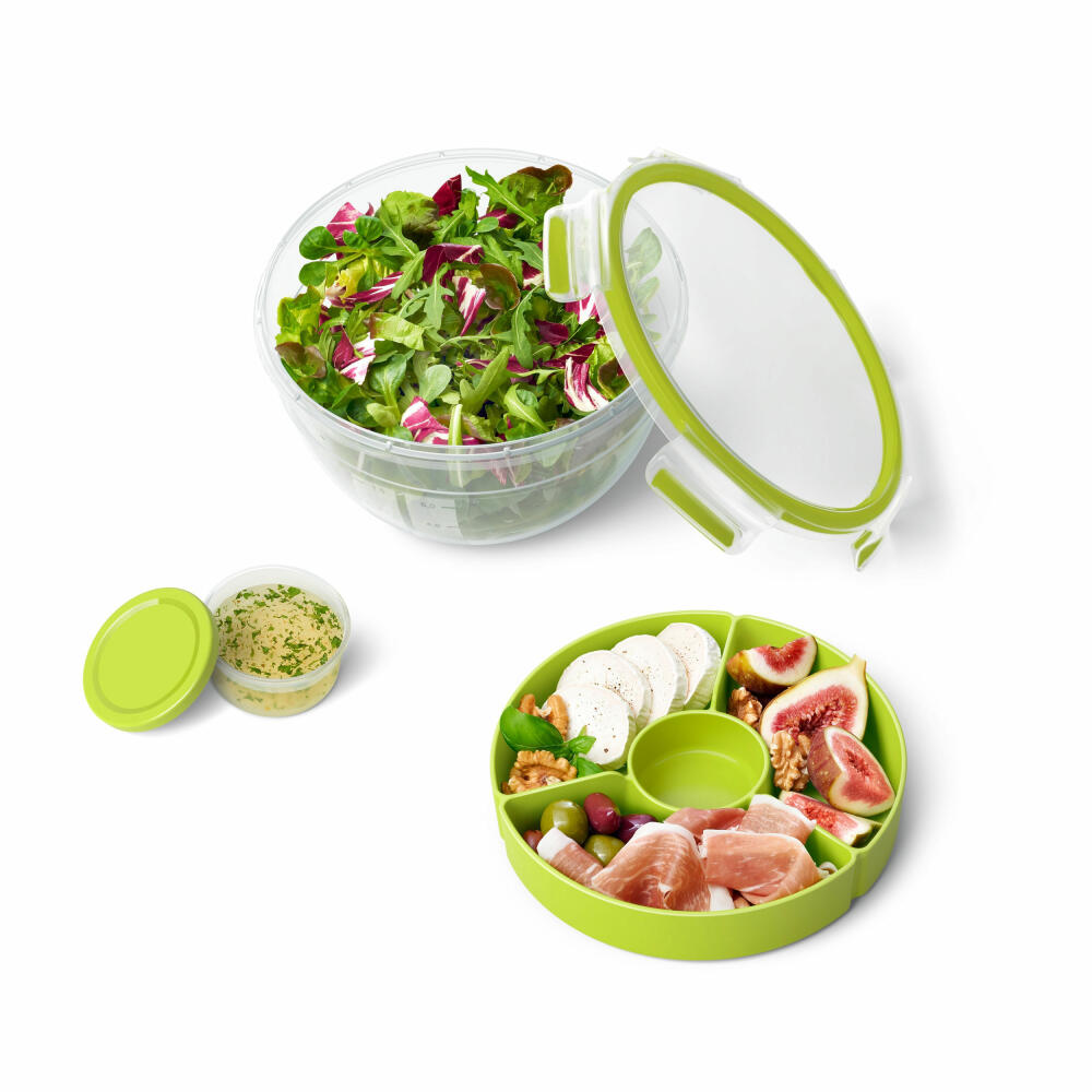 Emsa CLIP & GO Salatbox Rund mit Einsatz und Dressingbox, Lunchbox, Kunstoff, Transparent/Hellgrün, 2.6 L, N1071300